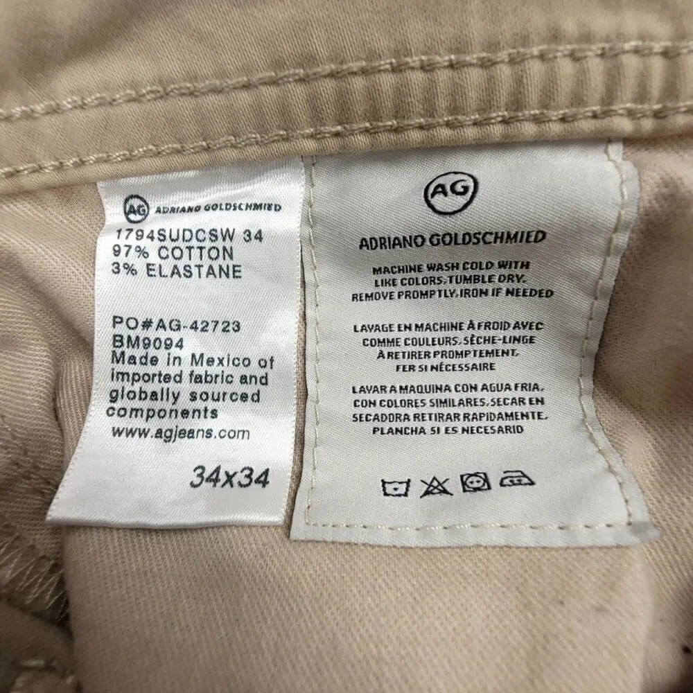 ADRIANO GOLDSCHMIED Everett Slim Straight Sueded Jeans Khaki Beige Mens 34 x 31
